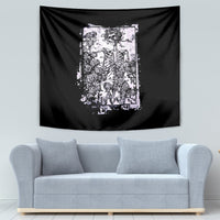 Black skull-and-rose tapestry with a bright white rectangular skeleton print