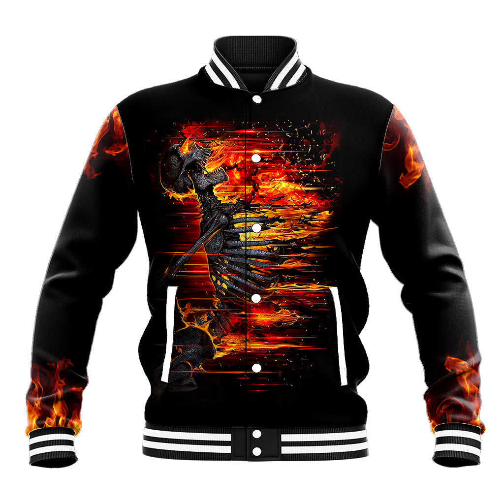 Black baseball jacket with fire skull graphic, white striped ribbed collar and cuffs.