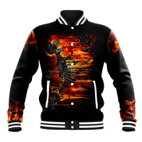 Black baseball jacket with fire skull graphic, white striped ribbed collar and cuffs.