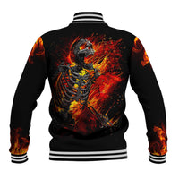 Black baseball jacket back with fiery skeleton graphic, white striped ribbed collar and hem.