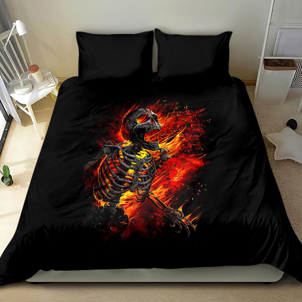 Black bedding set with fiery burning skeleton skull design on duvet and two pillowcases