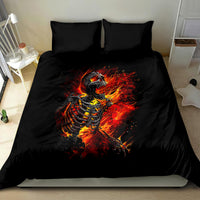 Black bedding set with fiery burning skeleton skull design on duvet and two pillowcases