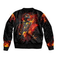 Black bomber jacket with back flaming skeleton graphic and ribbed hem and cuffs