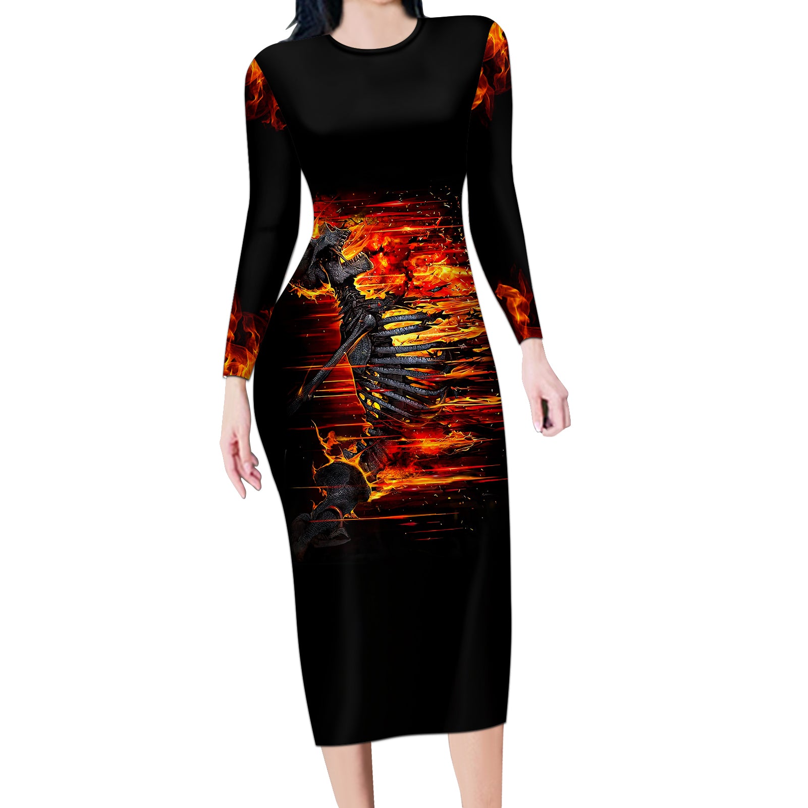 Fire Skull Long Sleeve Bodycon Dress Dead Fire Skeleton Scream - Wonder Print Shop