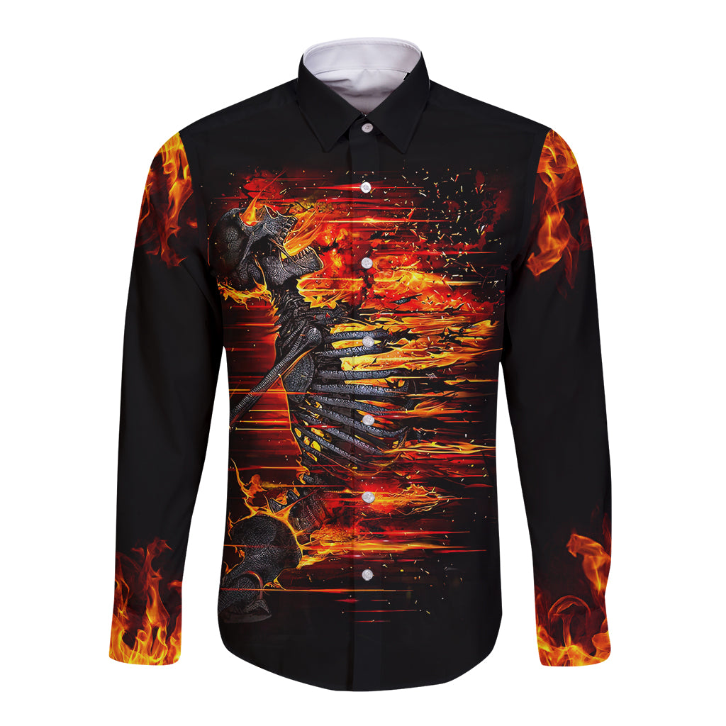 Fire Skull Long Sleeve Button Shirt Dead Fire Skeleton Scream - Wonder Print Shop