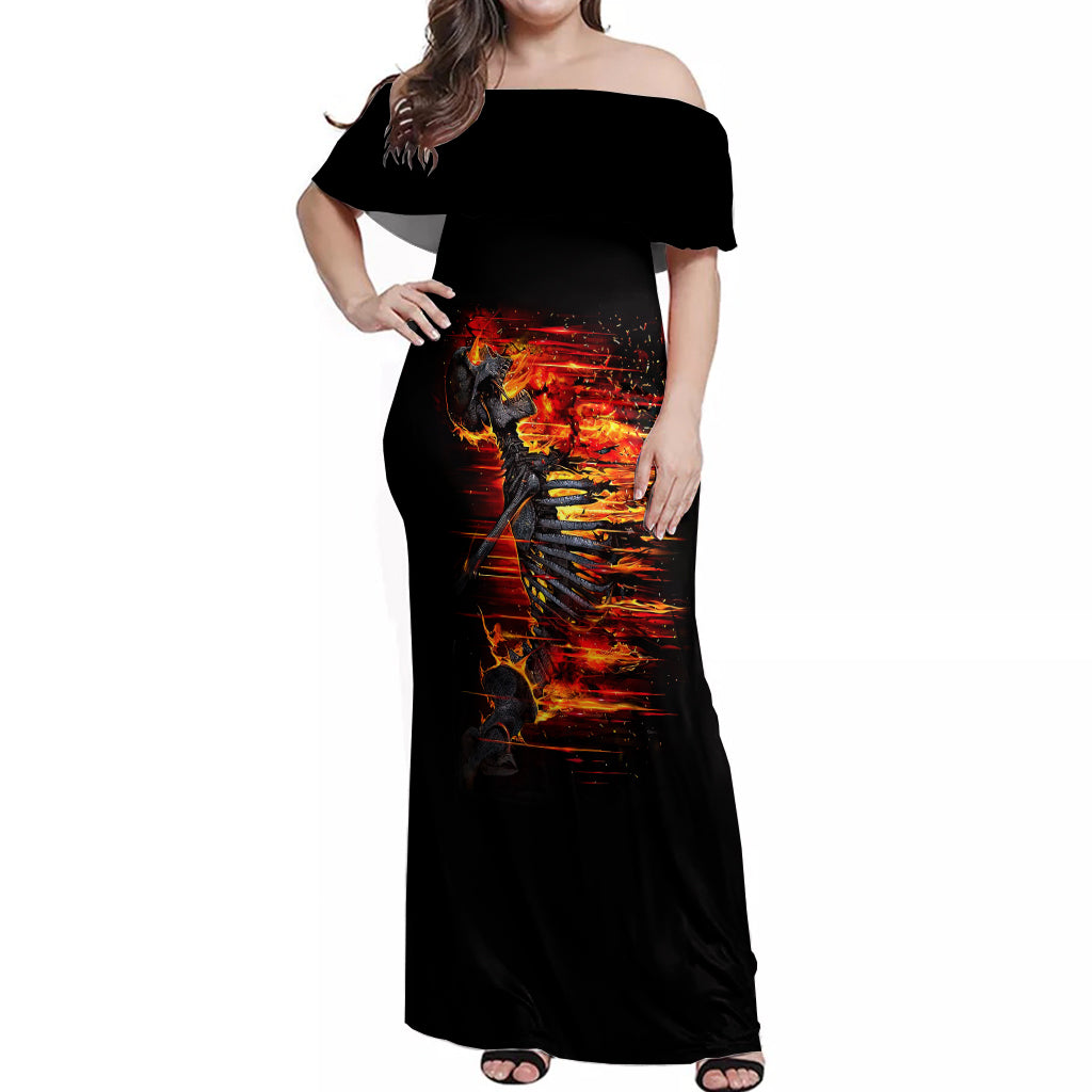 Fire Skull Off Shoulder Maxi Dress Dead Fire Skeleton Scream - Wonder Print Shop