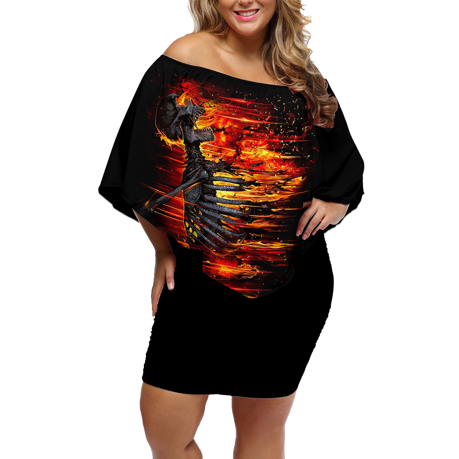 Fire Skull Off Shoulder Short Dress Dead Fire Skeleton Scream - Wonder Print Shop