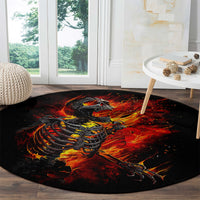 Round black flaming skeleton rug with orange-red fire burst center