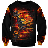 Black unisex sweatshirt with fiery skull skeleton front graphic and orange flame sleeves