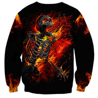 Black unisex sweatshirt with fiery skull skeleton back graphic and orange flame sleeves