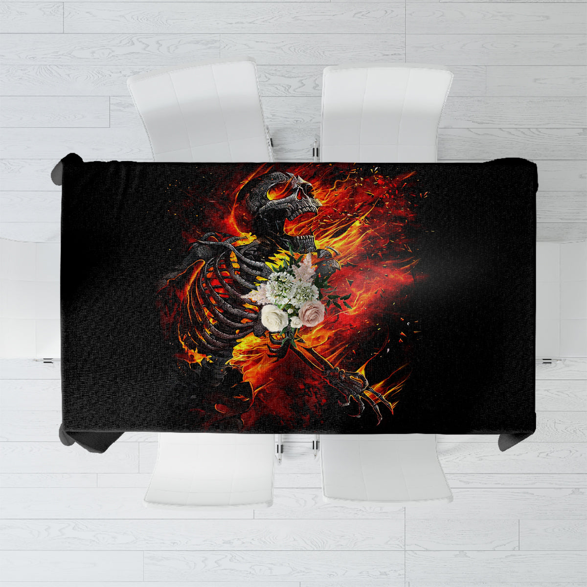 Black square tablecloth with fiery skull skeleton graphic in orange and red flames