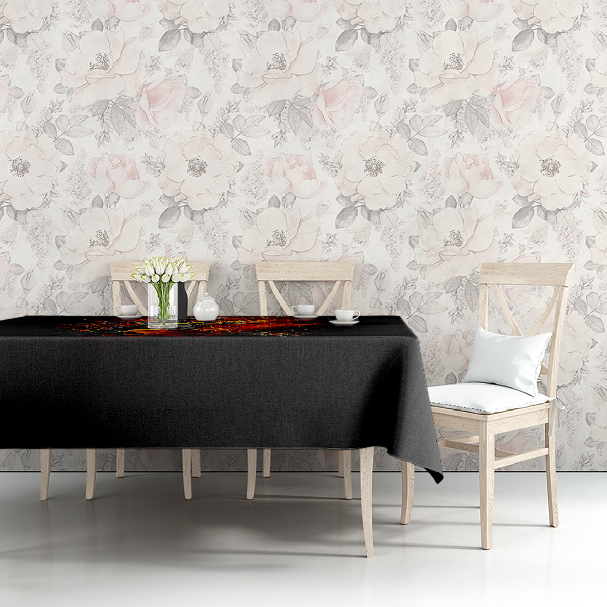 Black tablecloth with flame skull skeleton print along the edge
