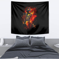 Black fire skeleton skull tapestry featuring a blazing red-orange flame skeleton figure