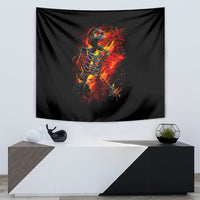 Black flame skeleton skull wall tapestry with fiery red-orange burst design