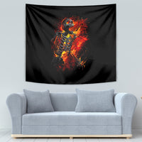Black fire skeleton skull tapestry with glowing red-orange flames and skeletal figure