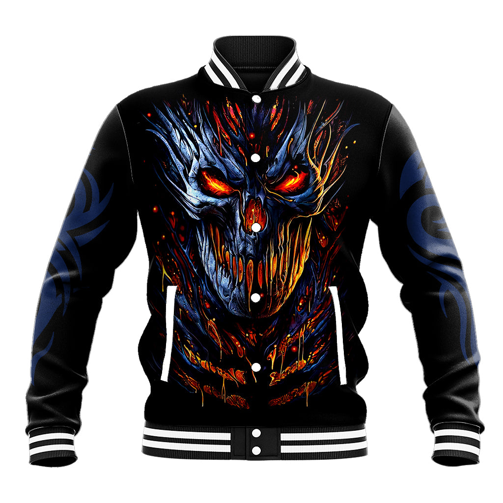 Black baseball jacket with devil skull scream graphic, striped collar and ribbed cuffs