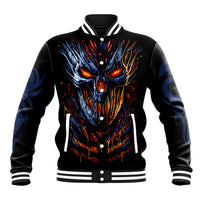 Black baseball jacket with devil skull scream graphic, striped collar and ribbed cuffs