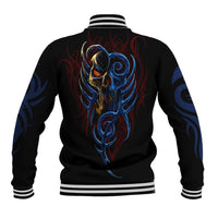 Back of black baseball jacket with blue demon skull and flame design, striped ribbed hem