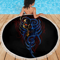 Black round beach blanket, 150cm, fringed edge with centered blue/red devil skull face