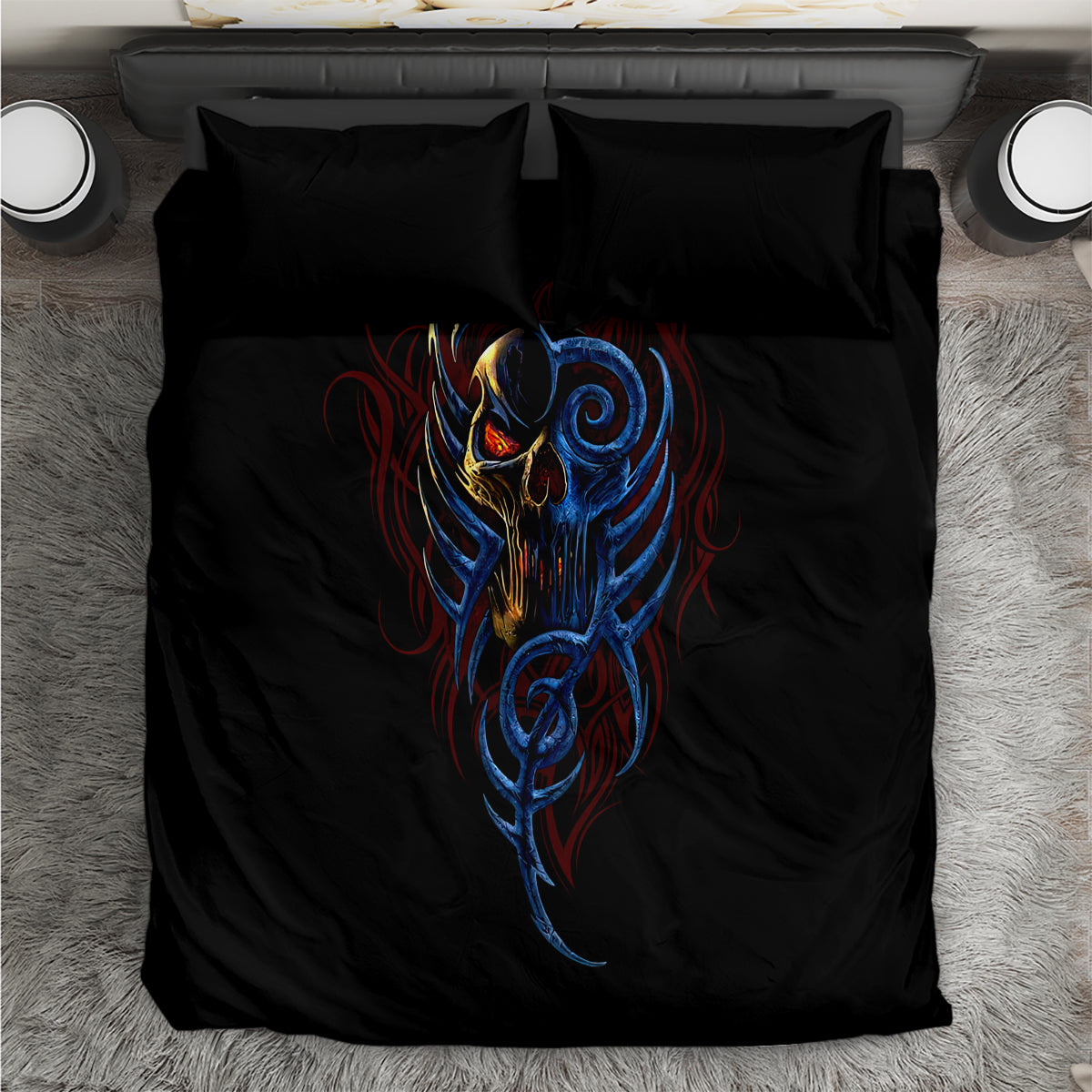 Black devil skull bedding set with blue-red character art on duvet and two pillows