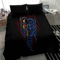 Black duvet cover bedding set with large devil skull face graphic and two pillows