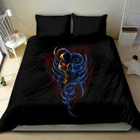 Black devil skull bedding set with colorful face artwork centered on duvet and pillows