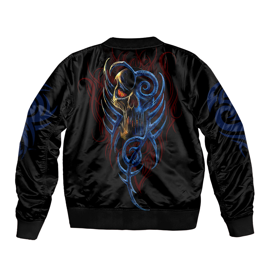 Black unisex bomber jacket with large multicolor devil graphic on back, ribbed hem