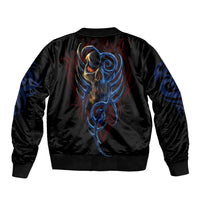 Black unisex bomber jacket with large multicolor devil graphic on back, ribbed hem