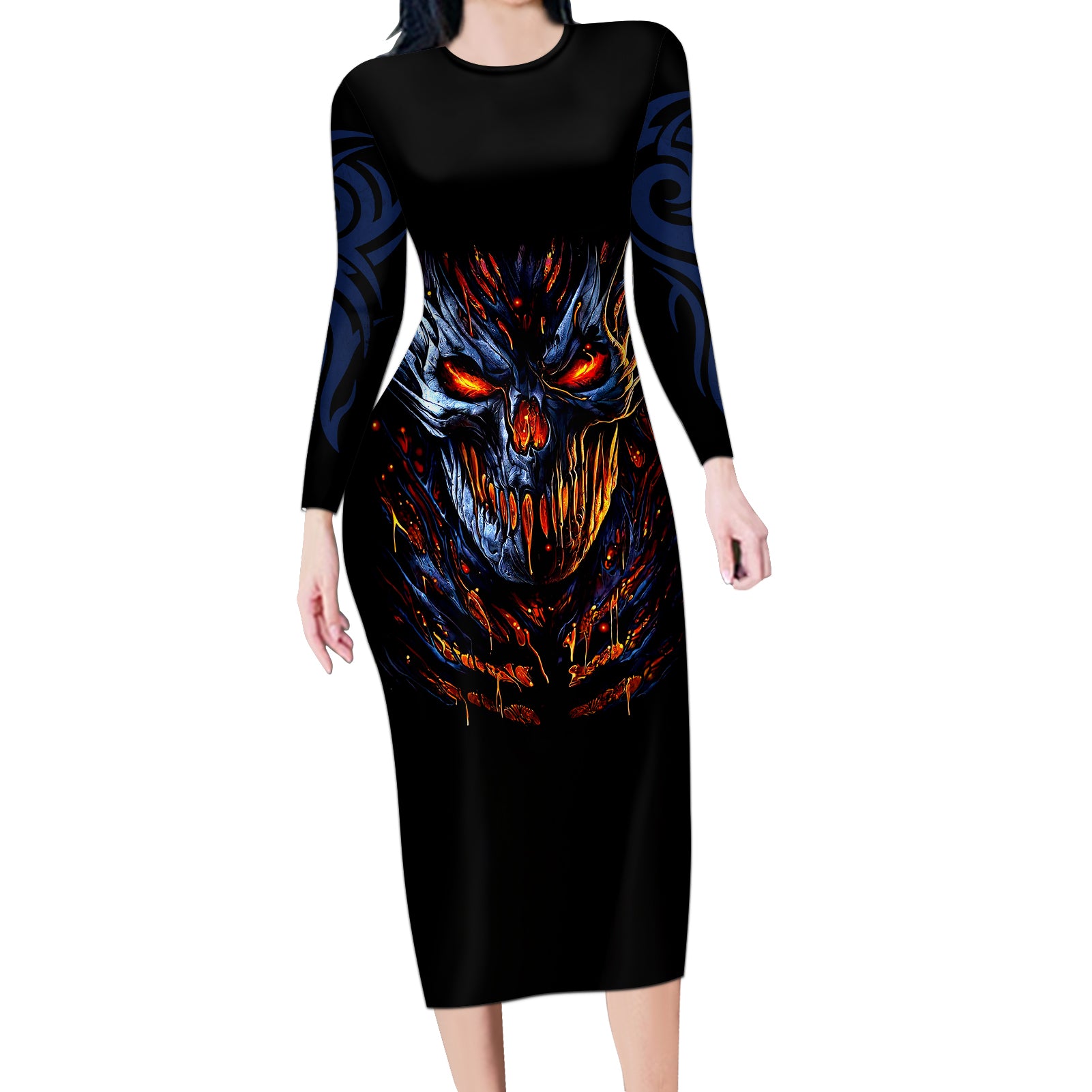 Devil Skull Long Sleeve Bodycon Dress Devil Face Scream - Wonder Print Shop