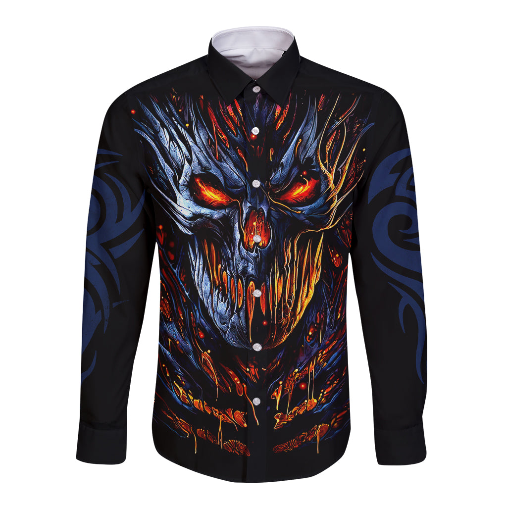 Black long sleeve button shirt with front devil skull graphic, fiery eyes and flames