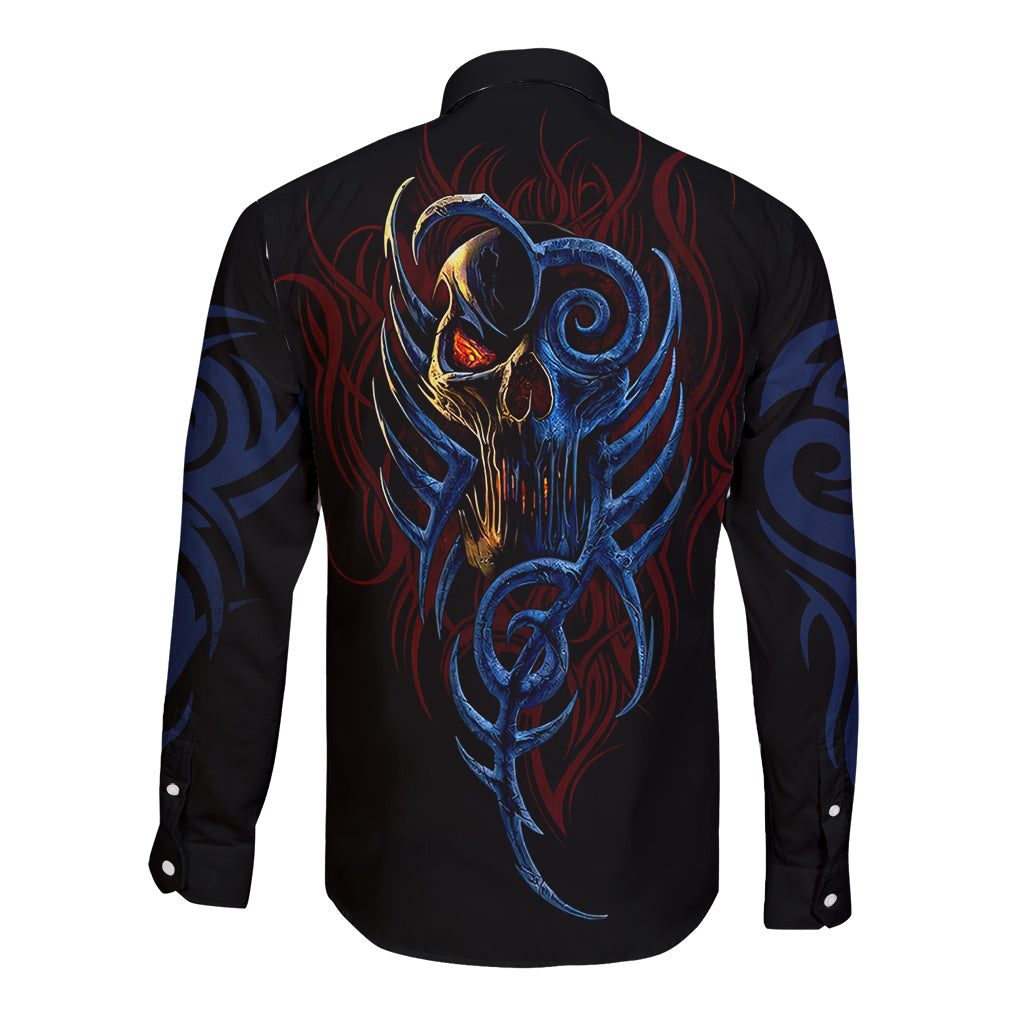 Black long sleeve button shirt with back devil skull graphic and swirling blue flames
