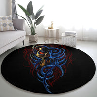 Round black devil skull rug, blue face with red smoke-like swirl details