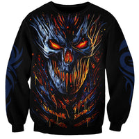 Black unisex sweatshirt with vivid blue-red screaming devil skull graphic, long sleeves