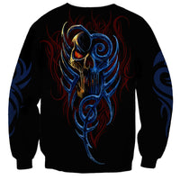 Black unisex sweatshirt with blue devil face graphic on back, gold horns and red flames