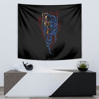 Black devil face wall tapestry with blue and red spectral face design, rectangular.