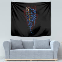 Black devil face tapestry featuring blue and red head with gold highlights, rectangular.