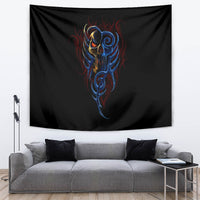 Black devil face tapestry with blue and red face motif and gold crown highlights.
