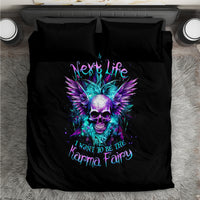 Black bedding set with centered skull and purple/teal wing graphic plus two pillowcases