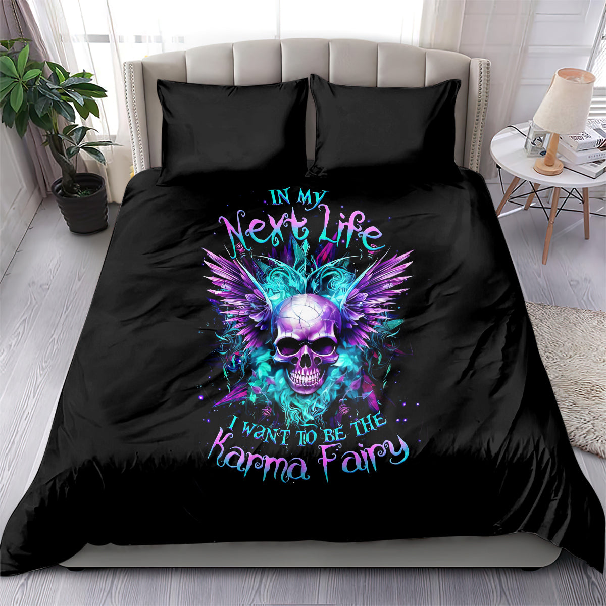 Black bedding set with skull and purple/teal wing graphic, with two pillowcases