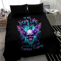 Black bedding set with skull and purple/teal wing artwork on duvet and two pillowcases