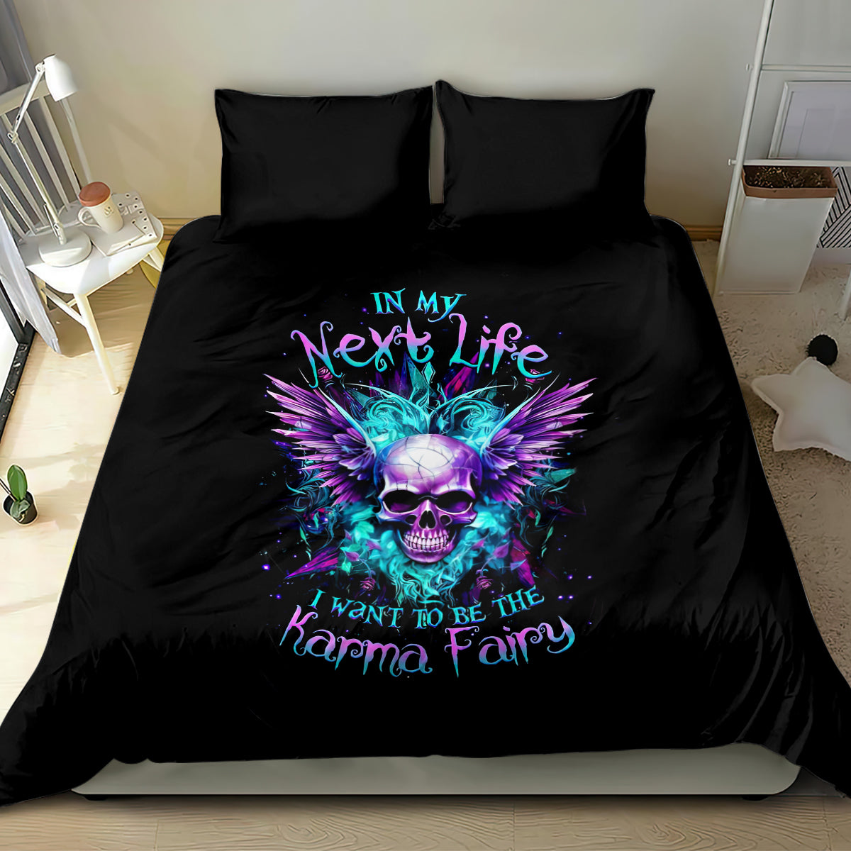 Black bedding set with purple/teal skull-and-wing graphic on duvet with two pillowcases