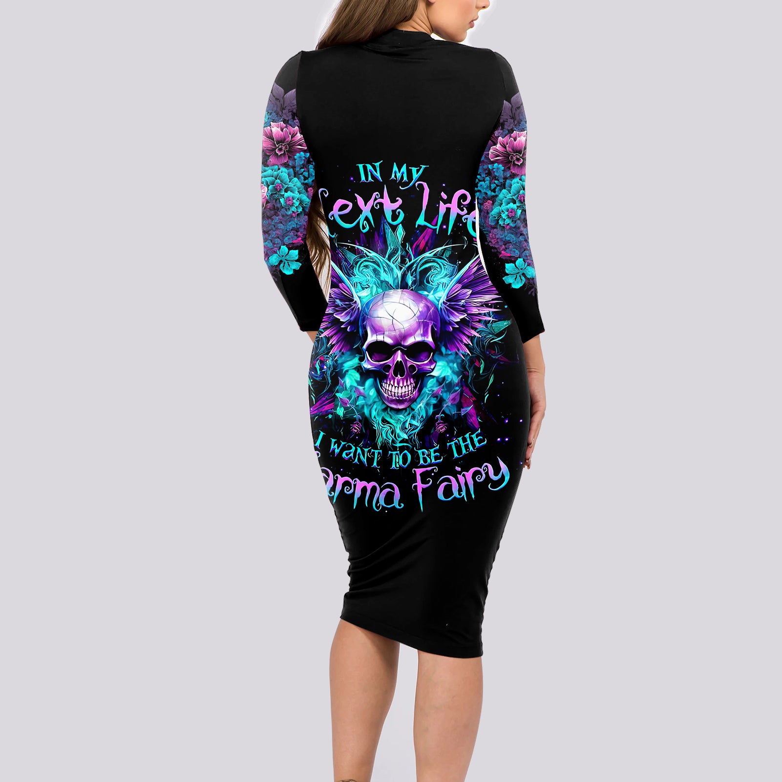 Wings Skull Long Sleeve Bodycon Dress Want To Be Karma Fairy Rose Skull - Wonder Print Shop