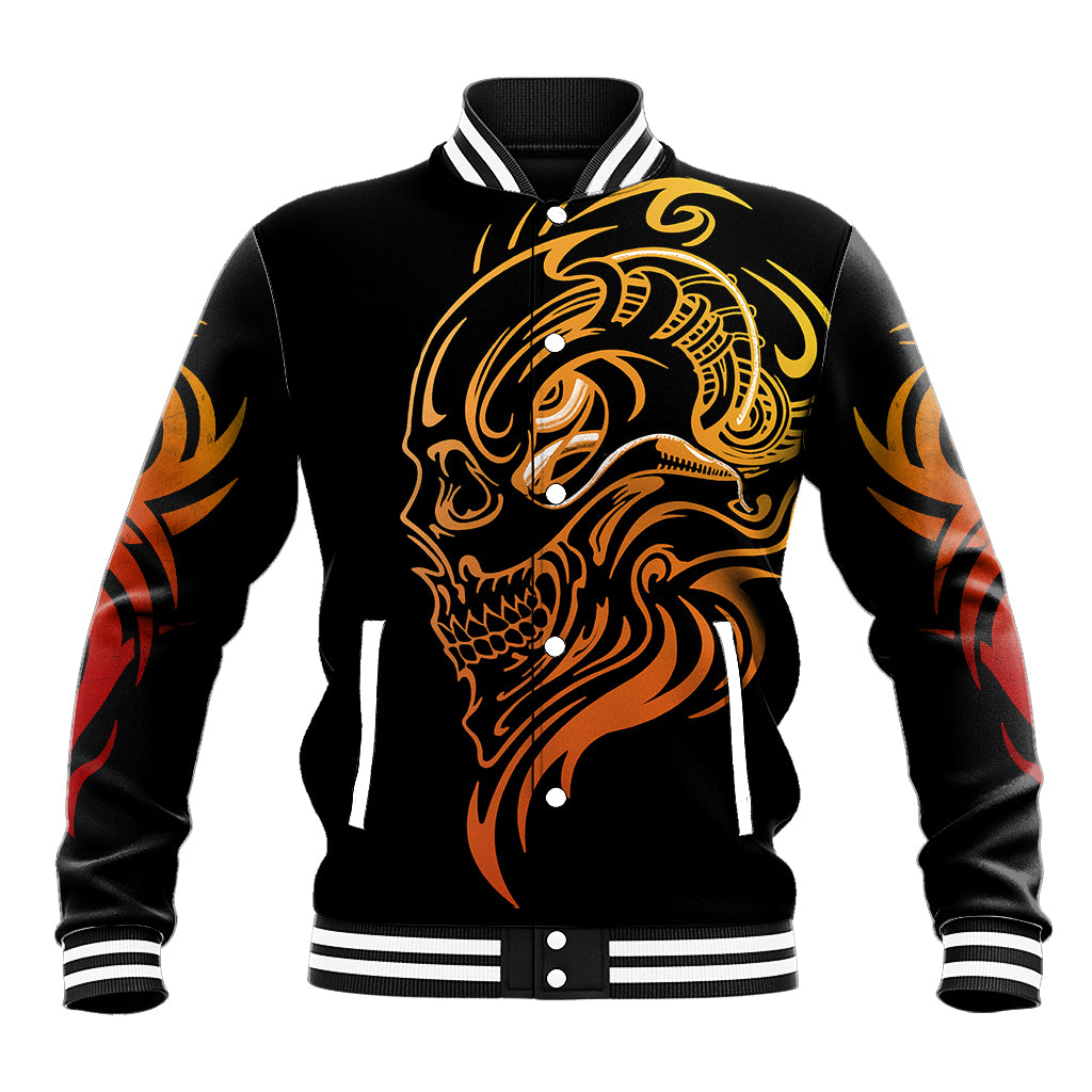 Black baseball jacket with gold tattoo skull face graphic, ribbed striped collar and cuffs
