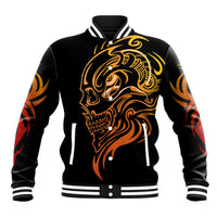 Black baseball jacket with gold tattoo skull face graphic, ribbed striped collar and cuffs