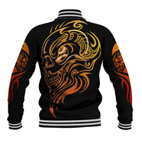 Black baseball jacket with gold tattoo skull face on back, striped ribbed collar and hem