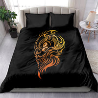 Black tattoo skull bedding set with gold and orange dragon skull face on duvet