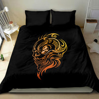 Black tattoo skull bedding set with gold and orange skull face design and two pillows