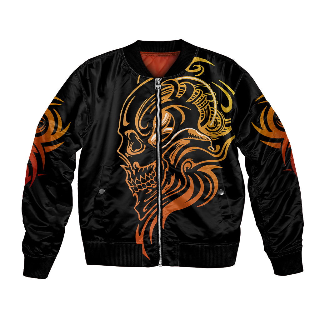 Black unisex bomber jacket with golden skull face tattoo, front zipper