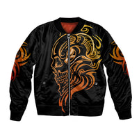 Black unisex bomber jacket with golden skull face tattoo, front zipper