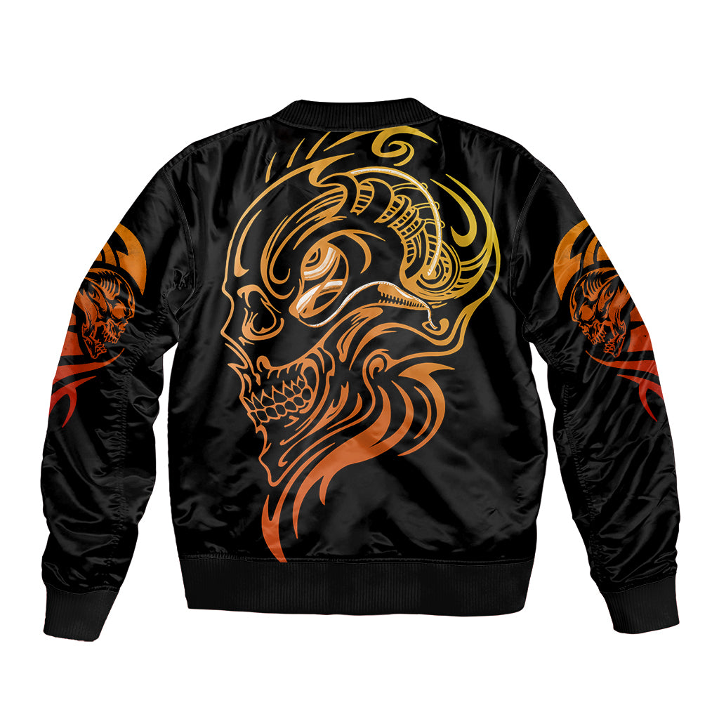 Black unisex bomber jacket with golden skull face tattoo on back, ribbed hem